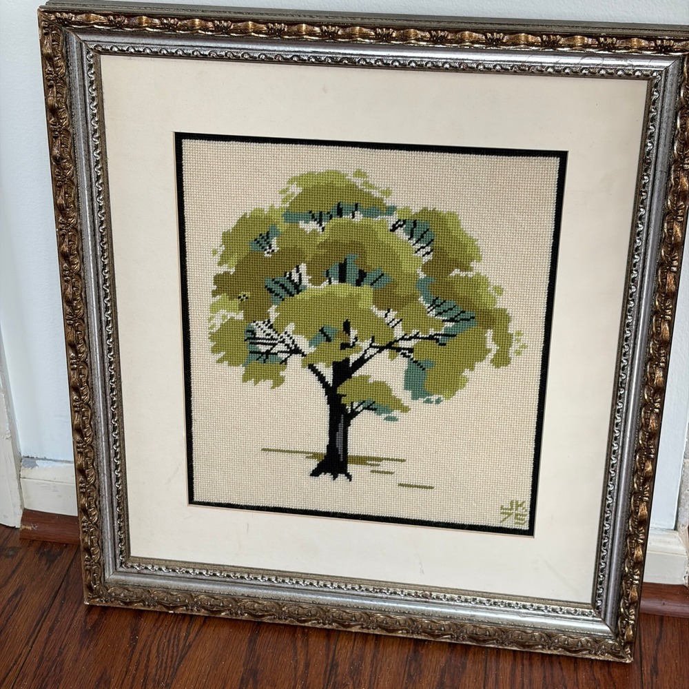 Vintage Needlepoint Tree Wall Art Framed 18x20 Green Gold